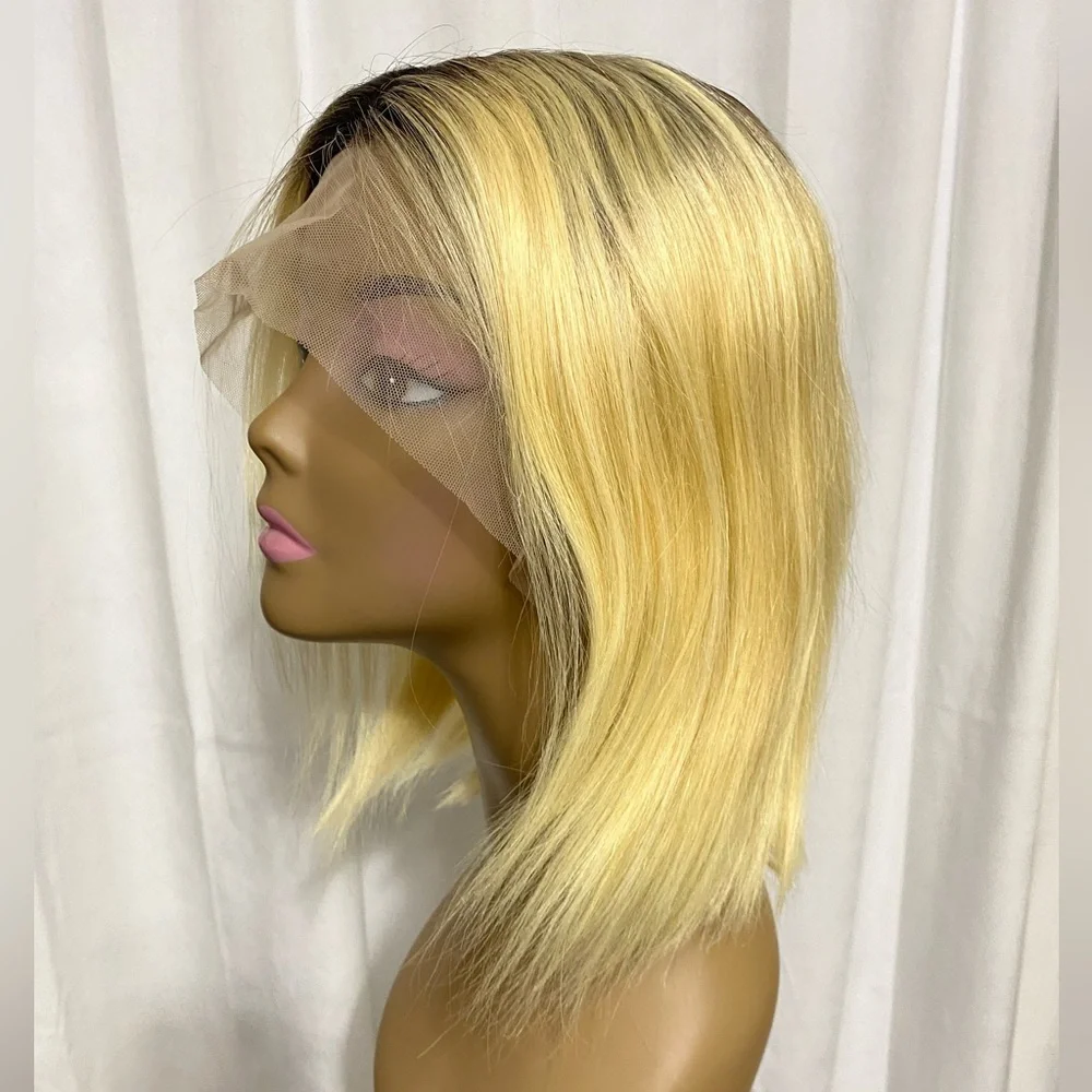 Short Ombré Blonde Bob Wig 100% Human Hair Lace Front T Part Wig 12” Blunt Cut